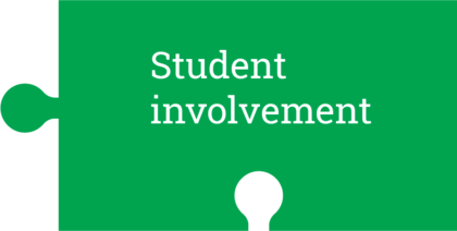 Green puzzle piece with the text Student involvement - Klikk for stort bilde